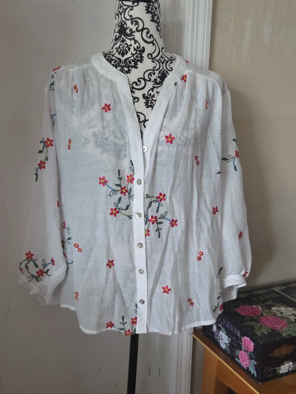 White Embroidered Floral Button-Up Blouse